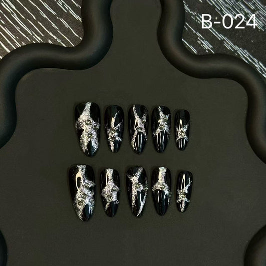 Handcrafted [Black Starry Sky] Advanced White Sticky Diamond Glittering Cool Spicy Girl Press on Nails