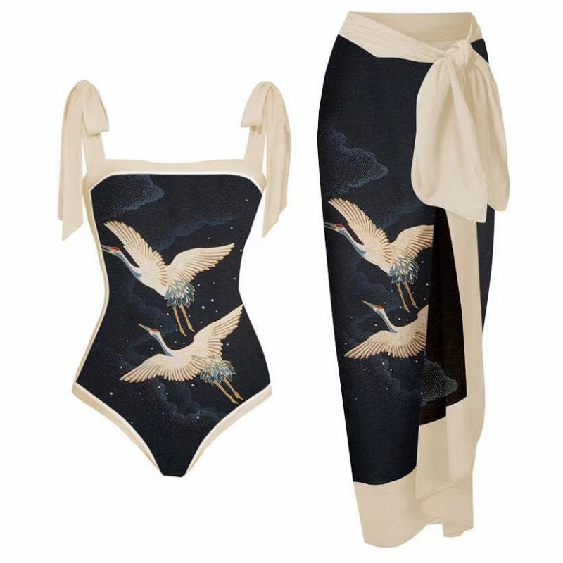 Double Sided Swimsuit Printed Conservative Cover Belly Sheath Dress Two Piece Swimsuit