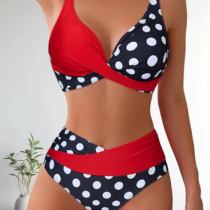 Printed Color Block Polka Dot Crisscross Backless Sexy Two Piece Swimsuit Bikini for Women