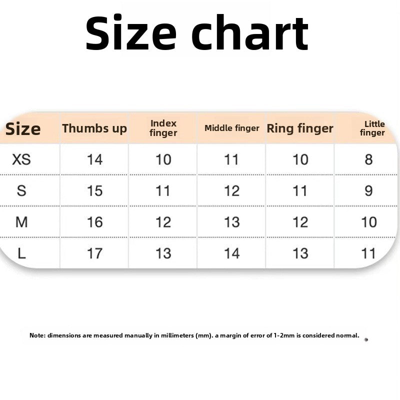 Size chart for finger measurements with sizes XS, S, M, and L.
