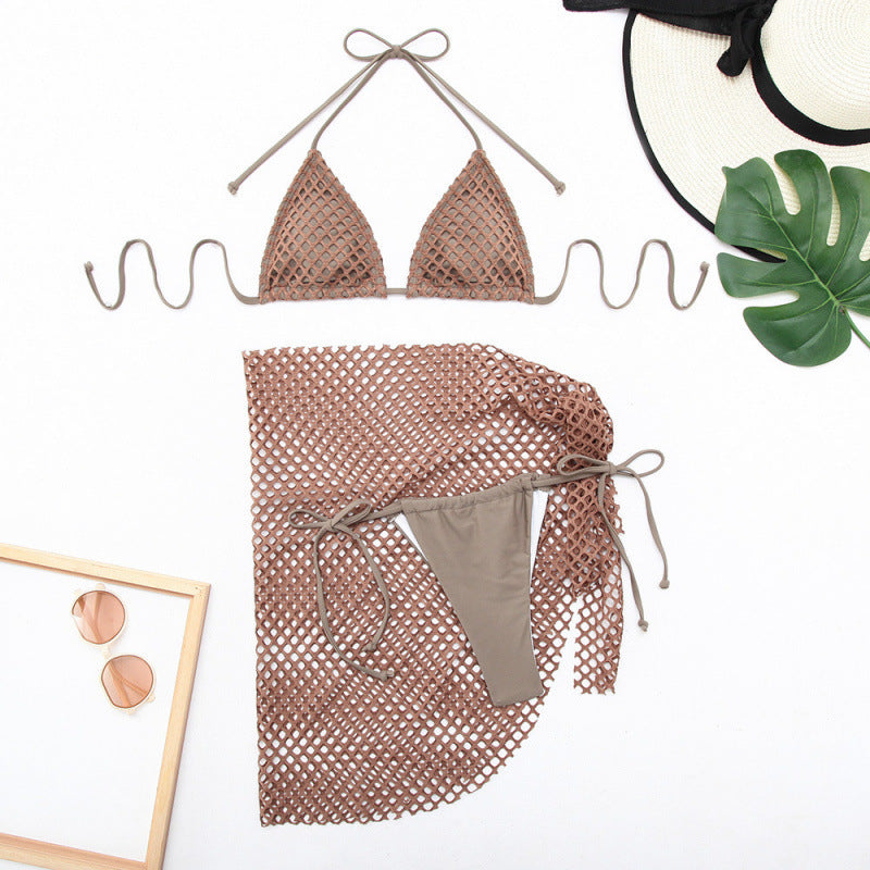 Swimsuit Women Solid Color Split Mesh Swimsuit Three Piece Sets Bikini Swimsuit