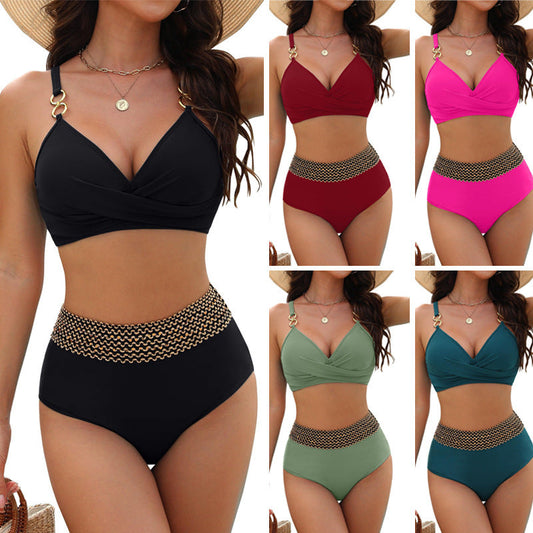 Women's Two-Piece Solid Color Swimsuit Sexy Backless Bikini High Waist Hot Spring Swimwear