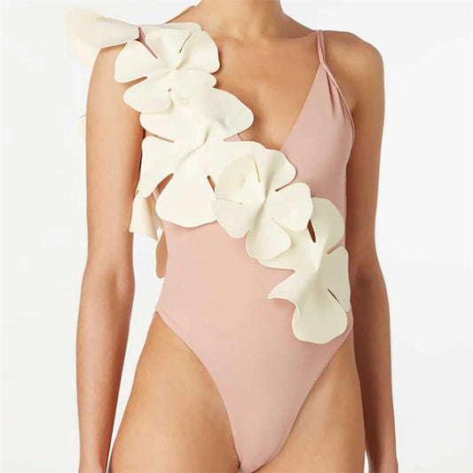 Solid Color Sexy Gather Backless Three Dimensional Floral One Piece Women Bikini Swimsuit 3D Decoration