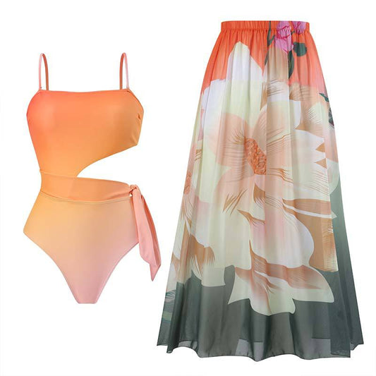 One Piece Swimsuit Women Skinny Slimming Retro Tied Swimsuit Suit Chiffon Swimsuits