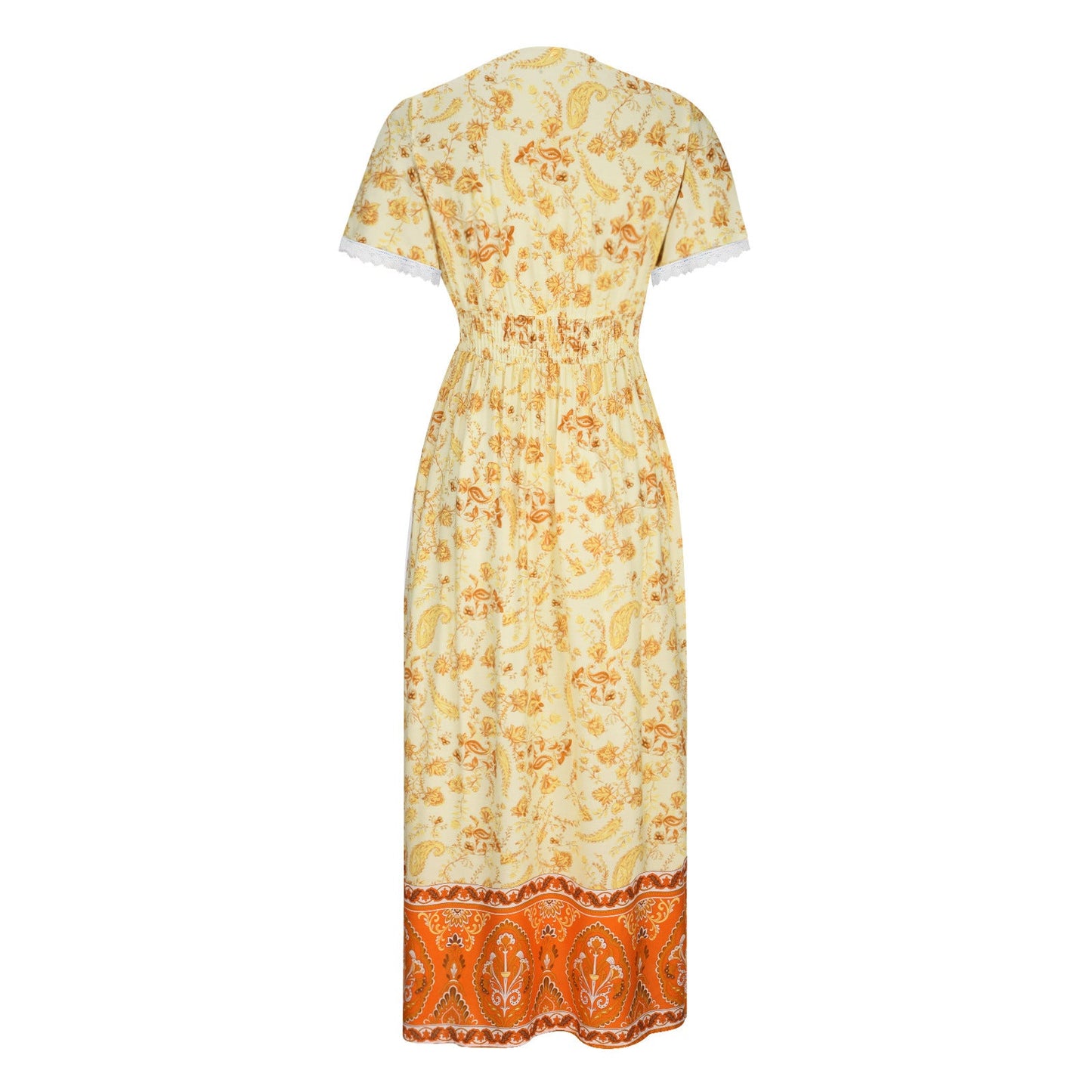 Women's Short Sleeve Lace Trim Tie-Waist Bohemian Dress Vacation Beach Dress Floral