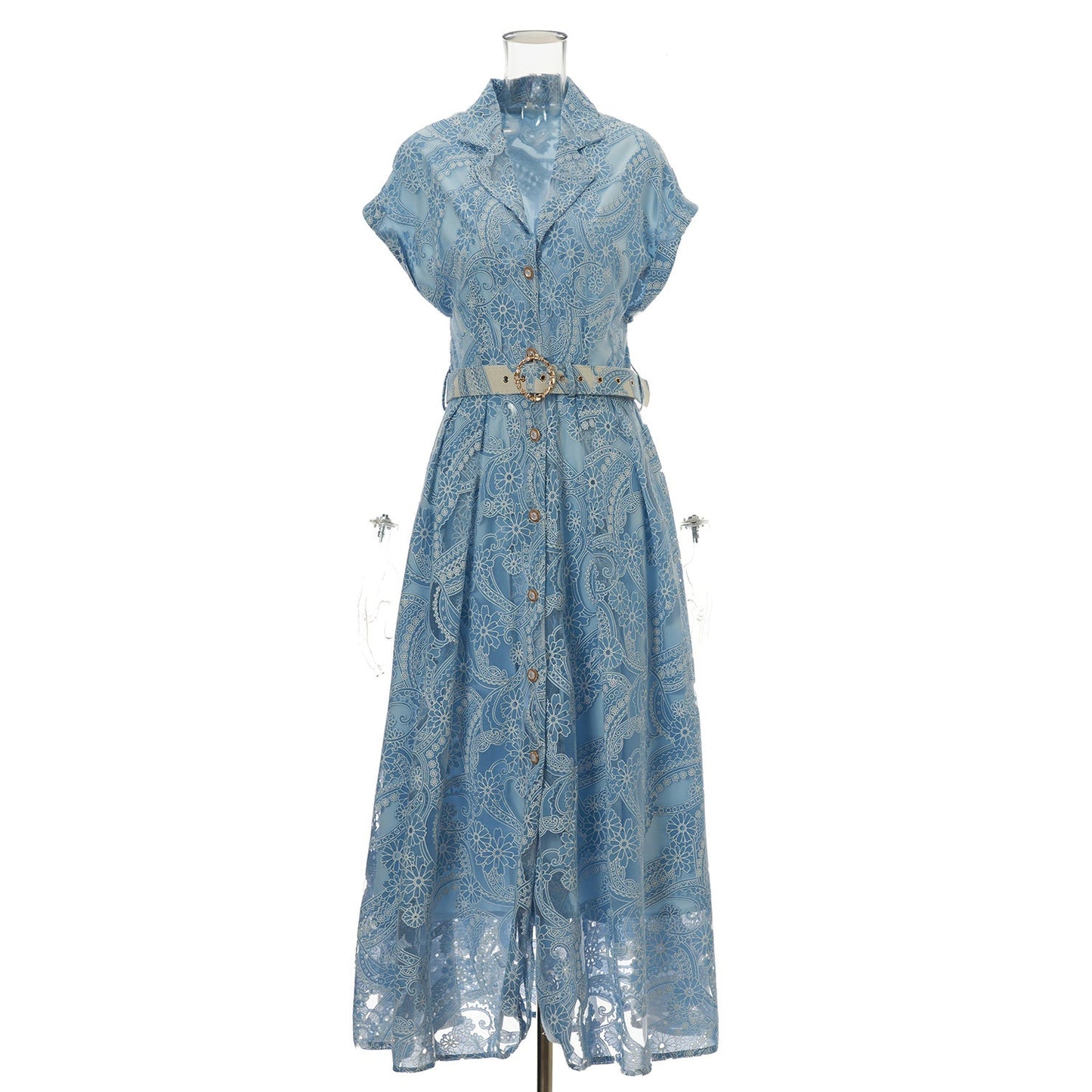 Summer Lace Embroidered Blazer Dress – Notched Collar Button-Front Tie-Waist Maxi, Elegant Long Gown