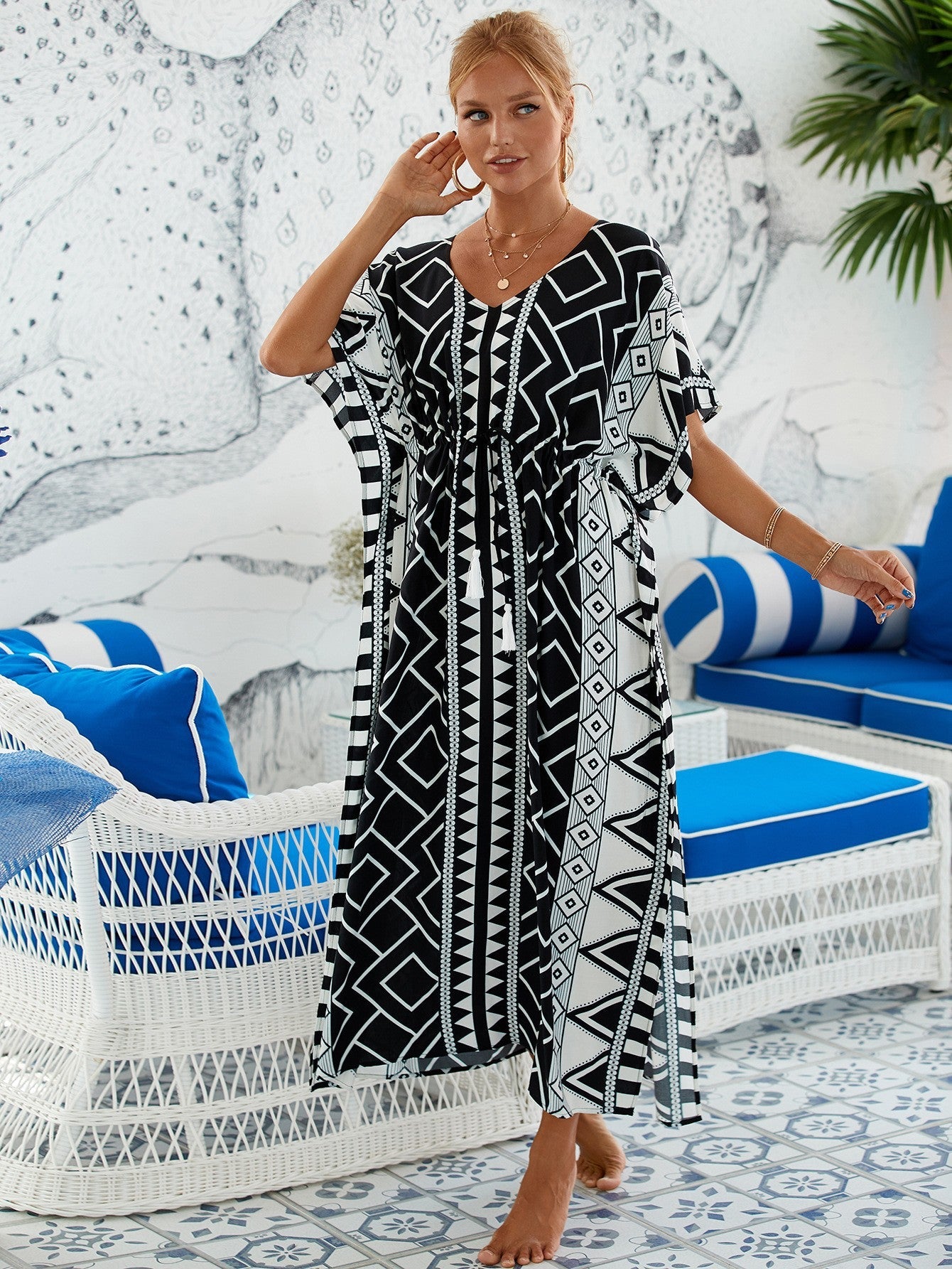 Printed Beach Cover-Up Maxi Dress ¨C Vacation Bikini Kimono, Sun Protection Long Dress