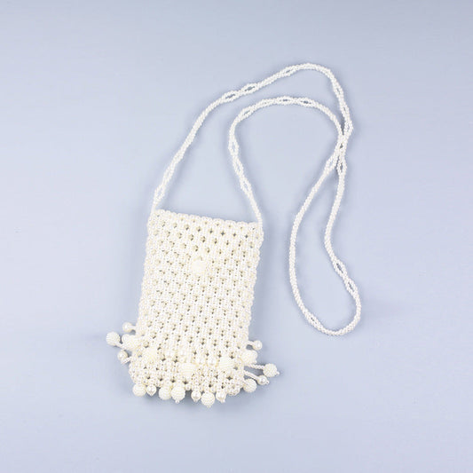 Hand Woven Beads Ethnic Retro Hollow Out Cutout Triangle Buckle Pearl Acrylic Waxberry Tassel Crossbody Phone Bag