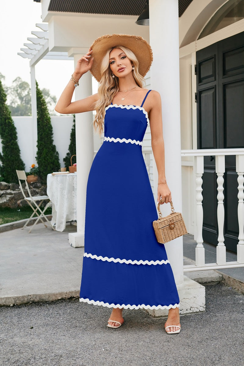 Women's long sleeveless dress with suspenders and pleated lace
