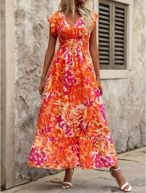 Summer seaside vacation fashion floral print sleeveless dress