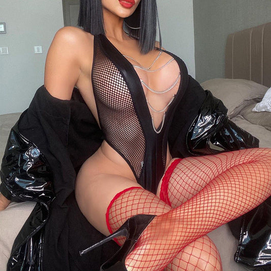 Sexy Backless Transparent Mesh Chain Jumpsuit Sexy Suit