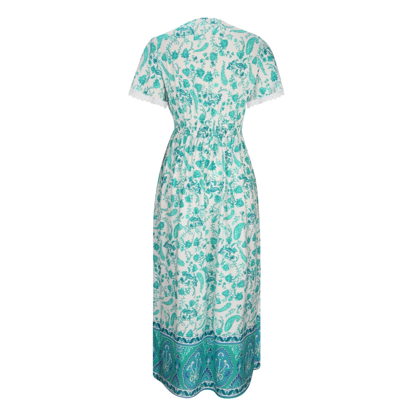 Women's Short Sleeve Lace Trim Tie-Waist Bohemian Dress Vacation Beach Dress Floral
