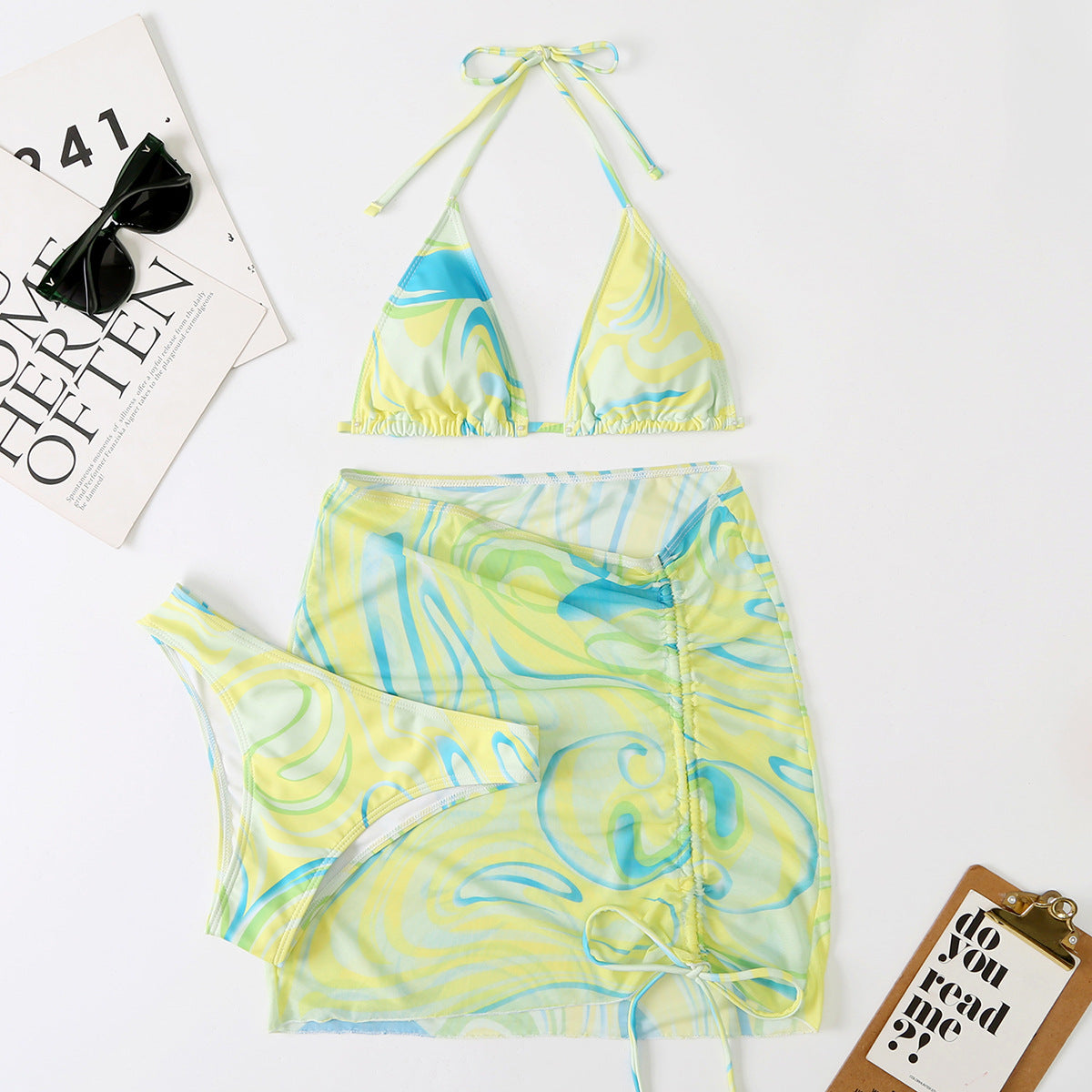 Women Swimsuit Women Split Three Piece Skirt Striped Bikini