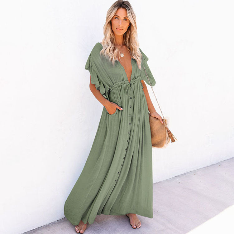 Single Breasted Waist Pull-Belt Beach Cover-up Sexy Backless Holiday Skirt Bikini Swimsuit Blouse