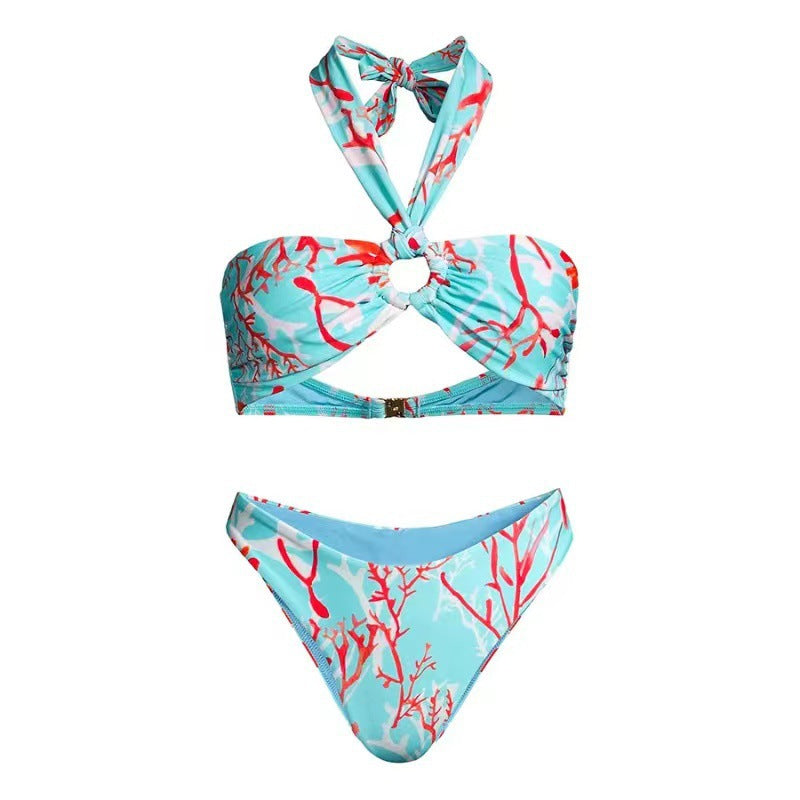 Bikini Halter Sexy Print Gauze Skirt Split Swimsuit Three Piece Set