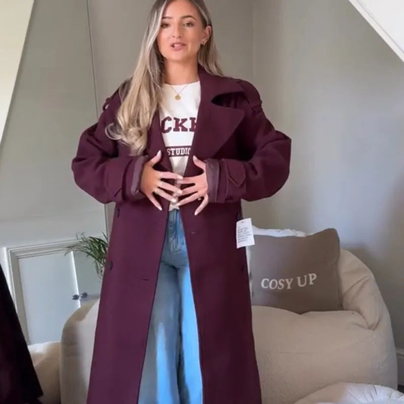 Wine Red Loose Notched Lapel Long Sleeve Single Button Coat Outerwear