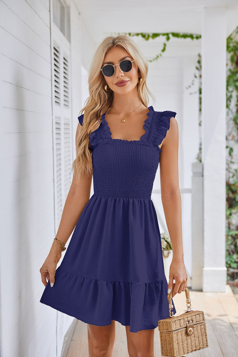 Women's sleeveless square neck pleated backless short dress women's