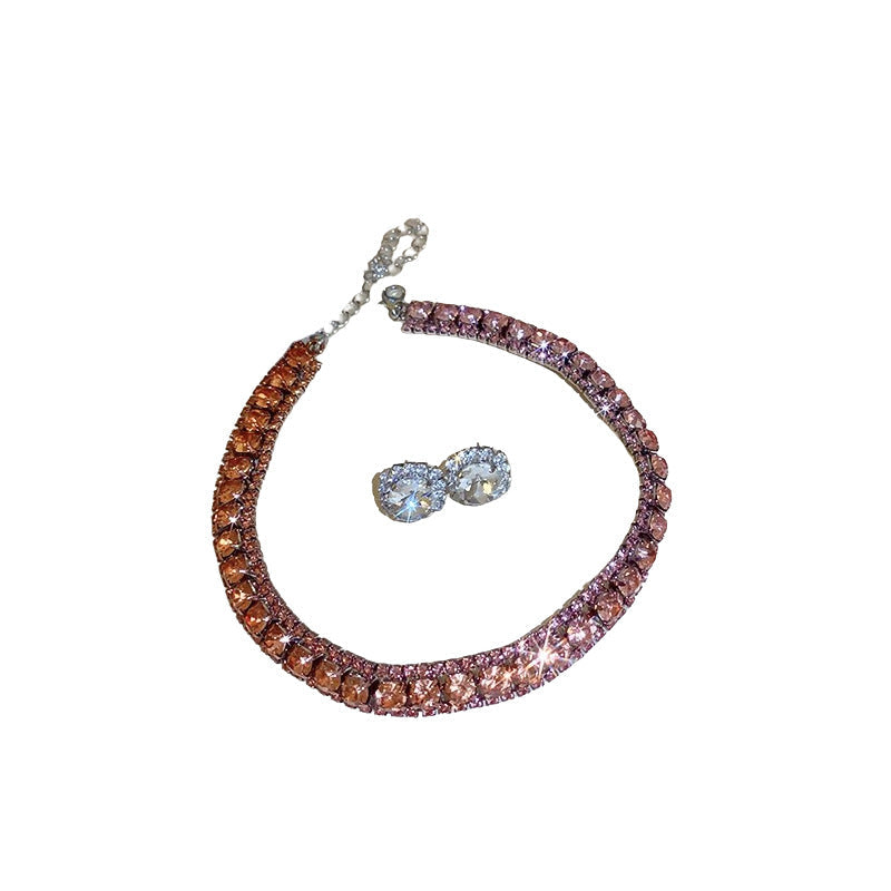 Square Round Zircon Ear French Entry Lux Clavicle Chain Advanced Jewelry Set