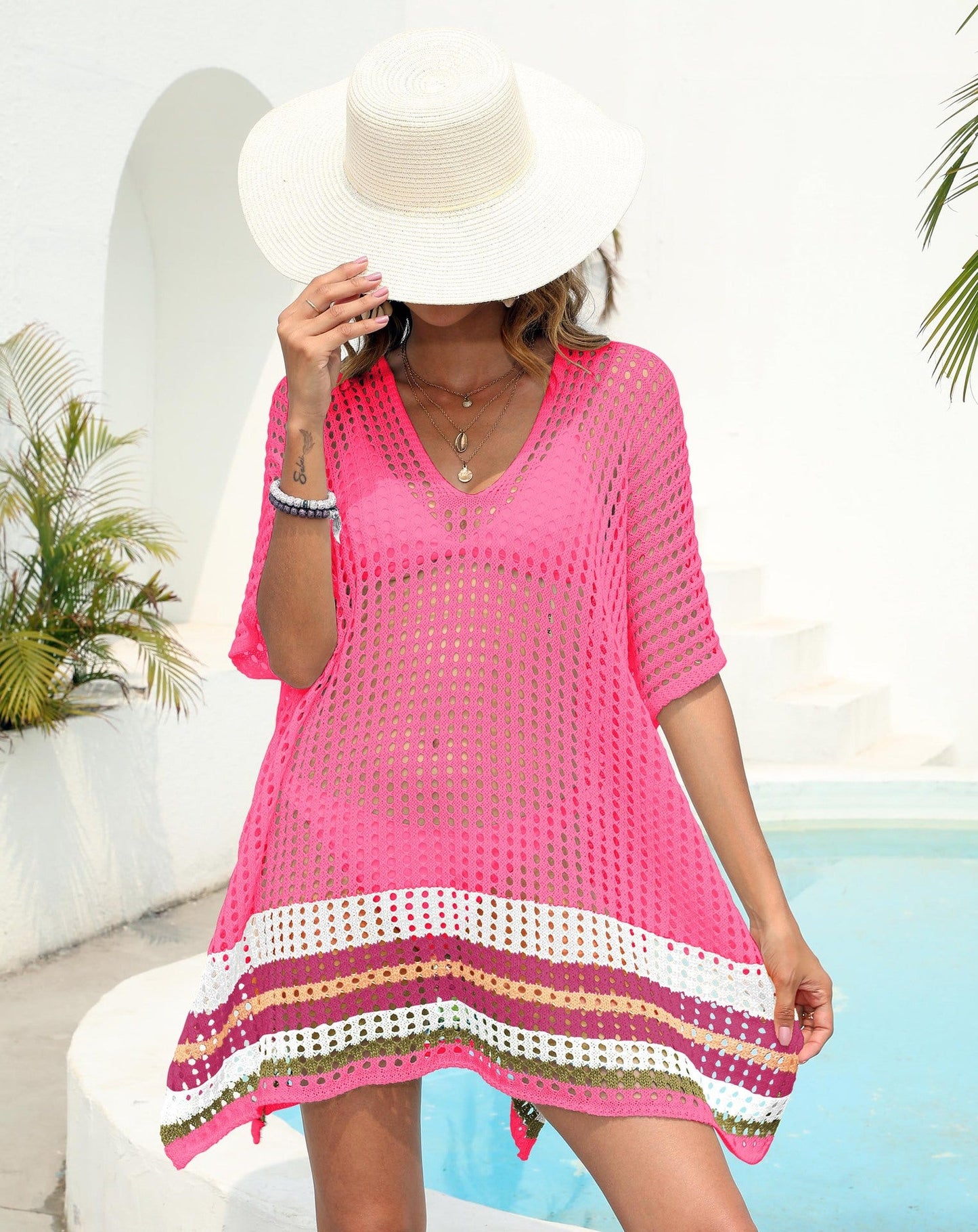 Beach Dress Women Clothing Deep V Plunge Sexy Sheer Cutout Woven Color Contrast Patchwork Beach Cover Up