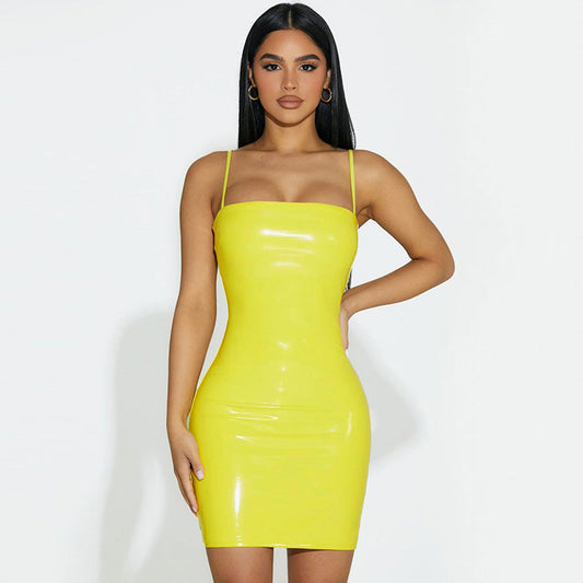 Women Clothing Summer Sexy Strapless Suspenders Tight Waist Sheath Dress Faux Leather Women