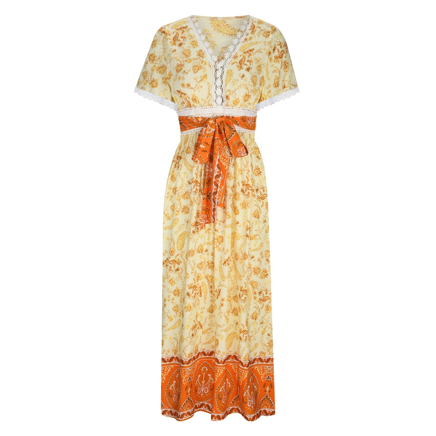 Women's Short Sleeve Lace Trim Tie-Waist Bohemian Dress Vacation Beach Dress Floral