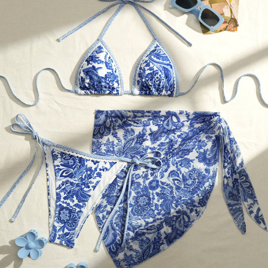 Apron Three Piece Bikini Vintage Print Tie Swimsuit Women's Swimwear