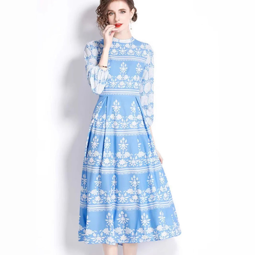 Vintage Blue Willow Print Mandarin Collar Dress - Lantern Sleeve Court Tie-Waist Flared Maxi Gown
