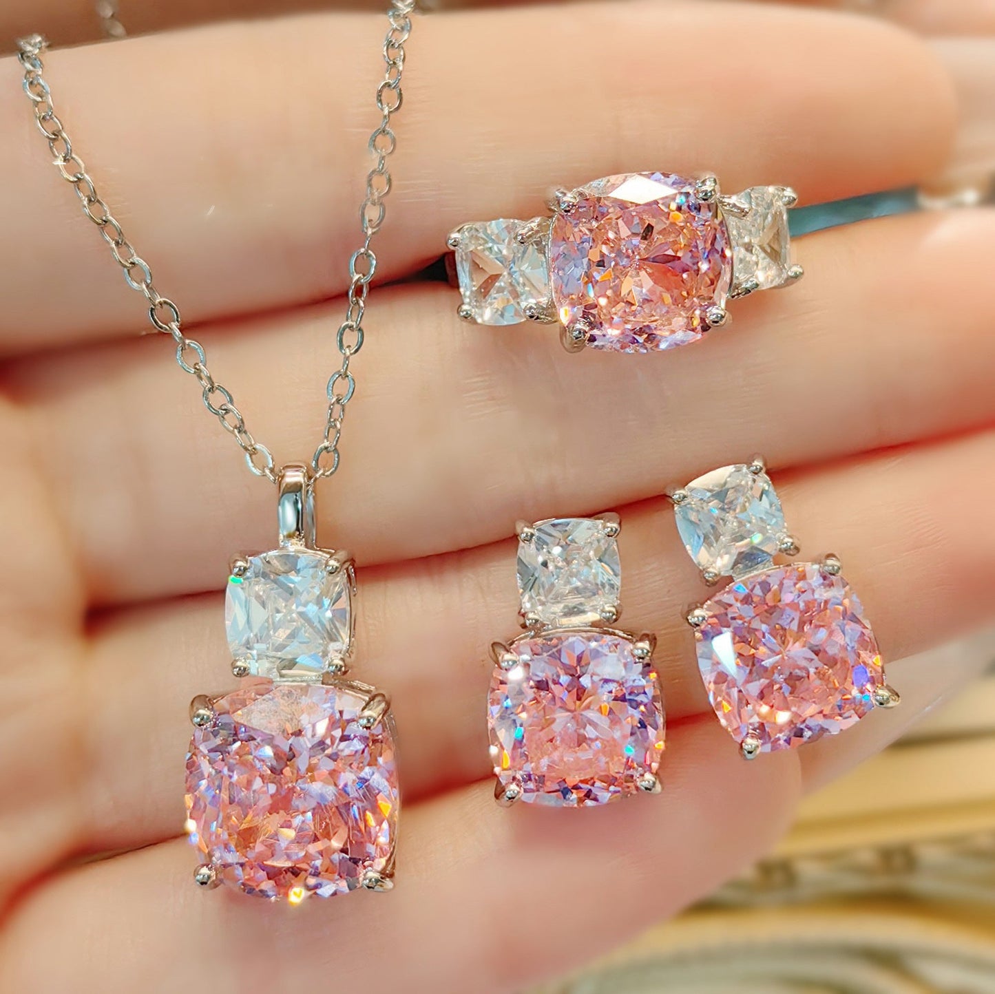 Women's Pink Diamond Ice Flower Cut High Carbon Rhinestone Advanced Luxury Jewelry Set