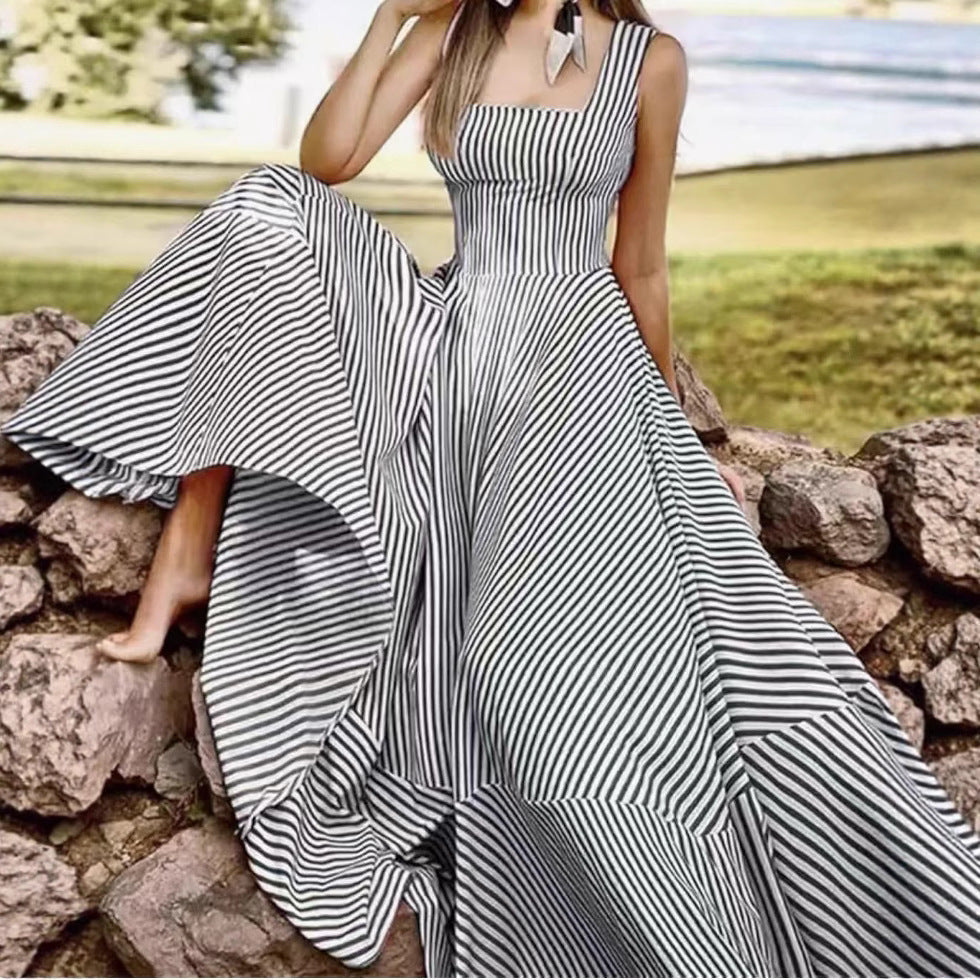 Summer Fashion Striped Tank Dress – Flared Tie-Waist Midi