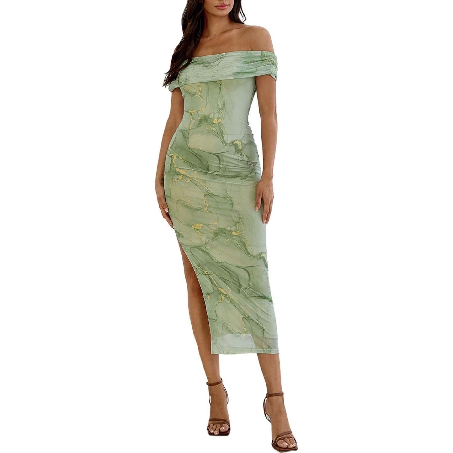 Women's Sexy Slit Bodycon Body-Hugging Printed Dress Pleated Maxi Skirt
