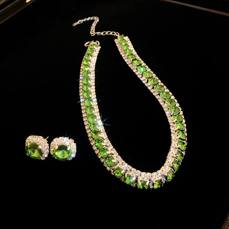 Square Round Zircon Ear French Entry Lux Clavicle Chain Advanced Jewelry Set