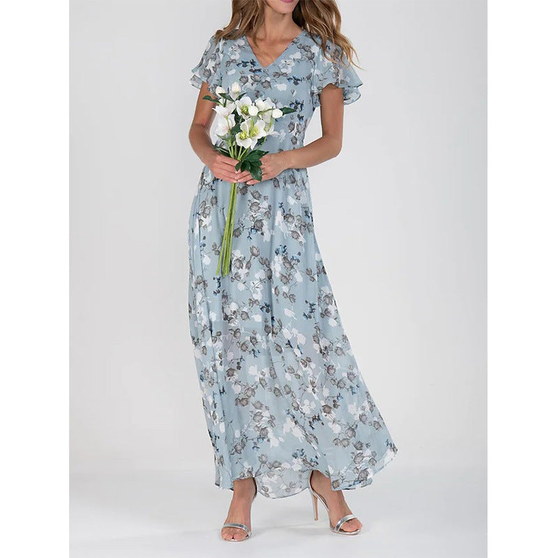 Beach Flared Maxi Dress Chiffon Floral Short Sleeve Ruffle V-Neck Fashion Waist-Defining Dress