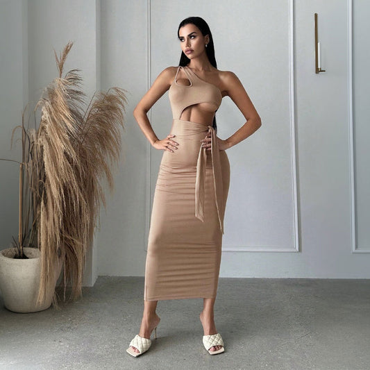 Spring Summer Women Clothing Sexy Socialite Diagonal Collar Dress Unilateral Strapless High Waist Dress