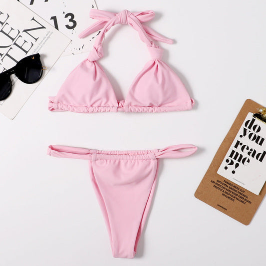 Nylon Double Sided Women Split Solid Color Sexy Bikini Halter Lace Up Triangle Bikini Swimsuit