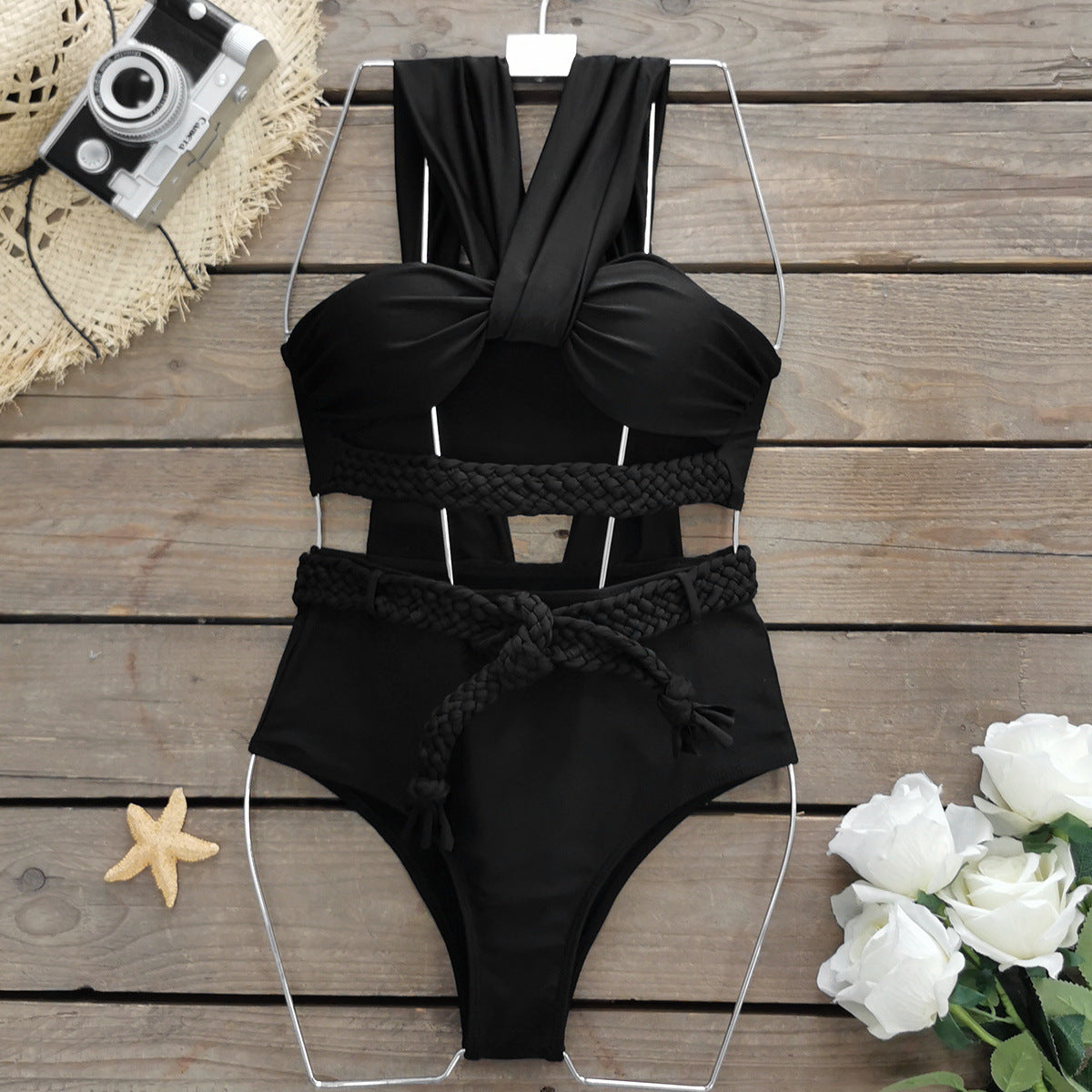 Solid Color Braid Rope High Waist with Straps Bikini Split Swimsuit Women Bikini