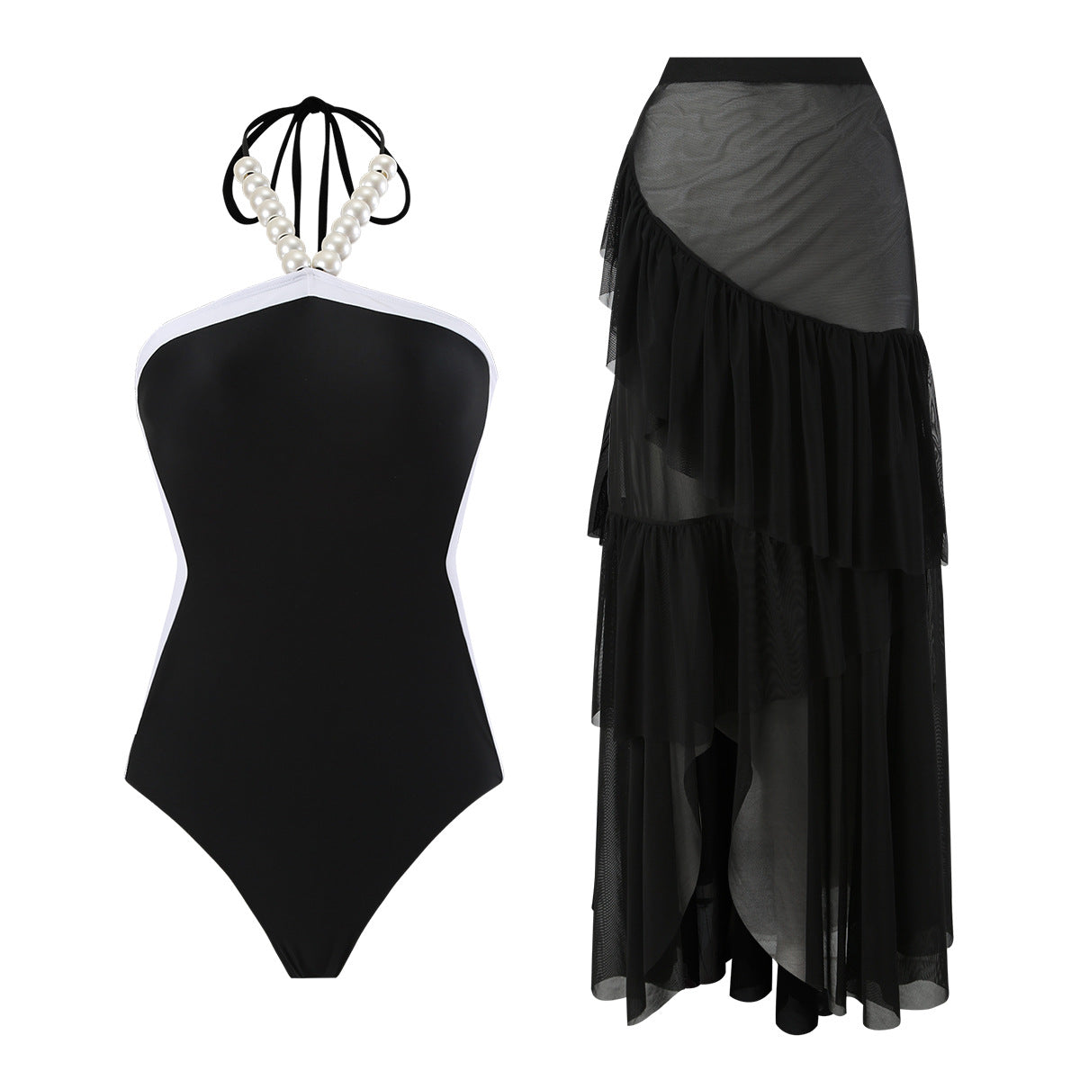 Lonkey Swimsuit Two Piece Solid Color Transparent Mesh Flying Edge Skirt Swimsuit