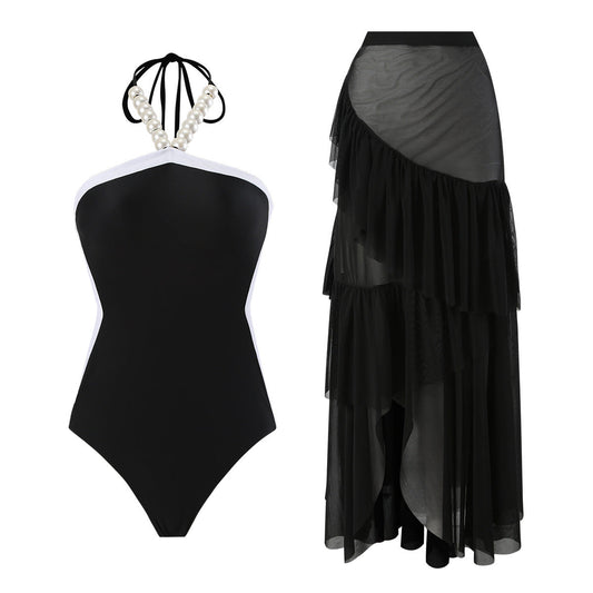 Lonkey Swimsuit Two Piece Solid Color Transparent Mesh Flying Edge Skirt Swimsuit