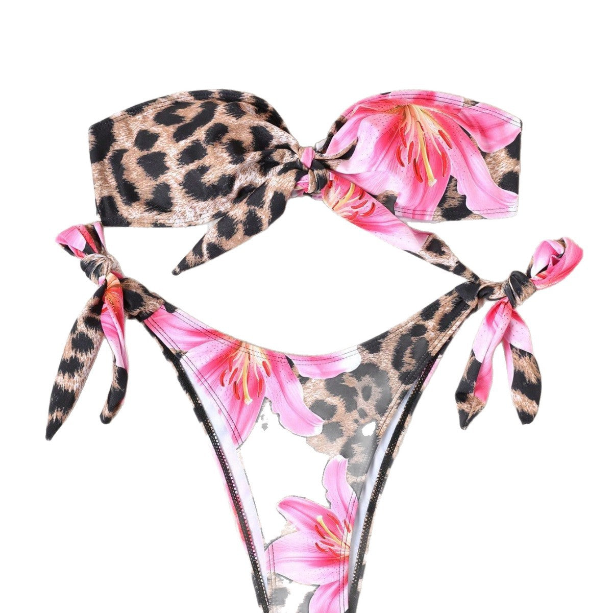 Bikini set with leopard print and pink floral design on a white background