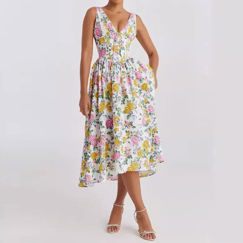 Women's Fashion Sexy V-Neck Halter Suspender Printed Dress