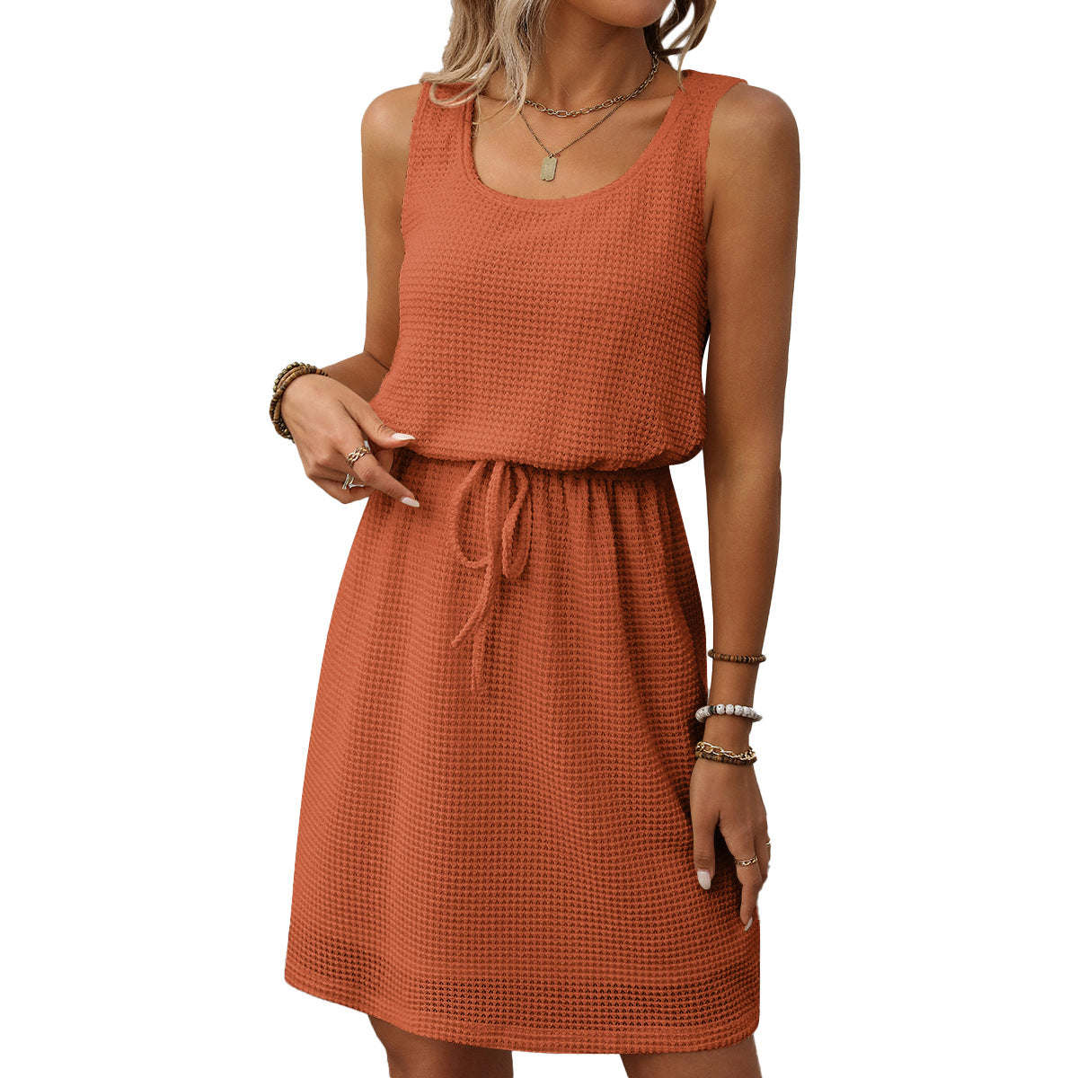Summer New Square Neck Drawstring Sleeveless Vest Dress with Lining