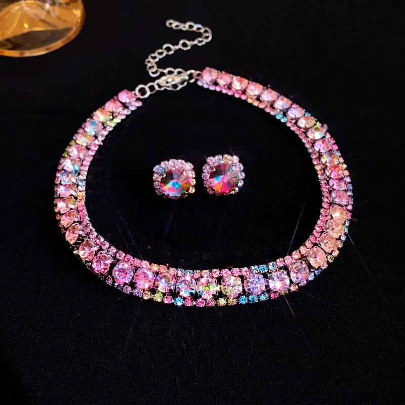 Square Round Zircon Ear French Entry Lux Clavicle Chain Advanced Jewelry Set