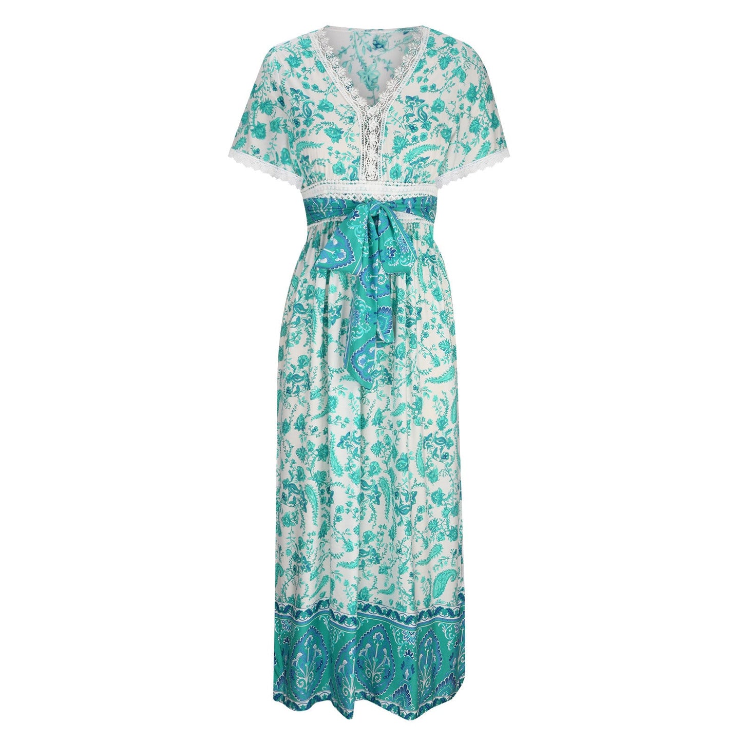 Women's Short Sleeve Lace Trim Tie-Waist Bohemian Dress Vacation Beach Dress Floral