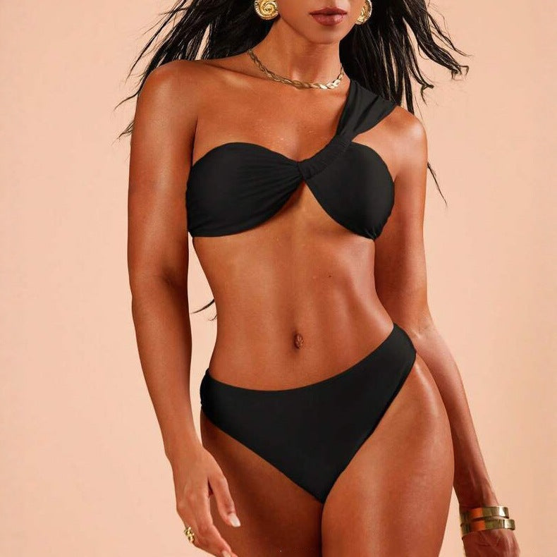 Women's One Shoulder Solid Color Two Piece Bikini Swimsuit Sexy Backless Bathing Suit