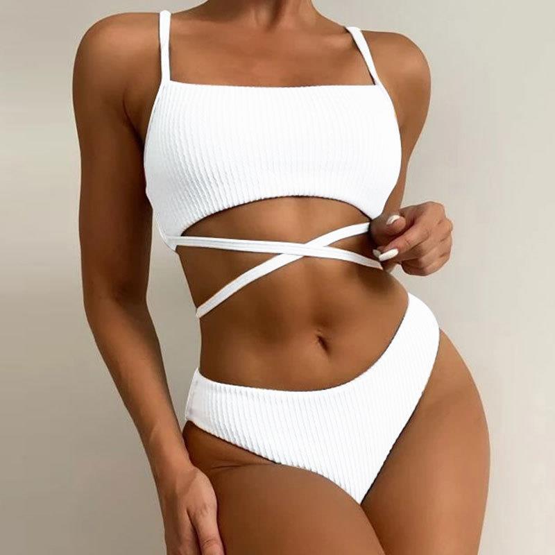 Women's High Waist Solid Color Split Swimsuit with Wave Pattern for Tummy Control