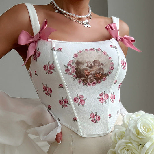 Street Sexy Lace Up Backless Strap Sexy Fish Bone Print Waist Tied Vest