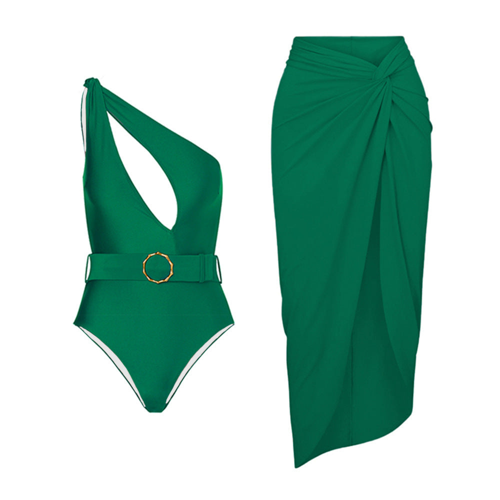 Solid Color Retro Hollow Out Cutout Siamese Women Swimsuit Set Cover Belly Slimming Swimsuit Lot