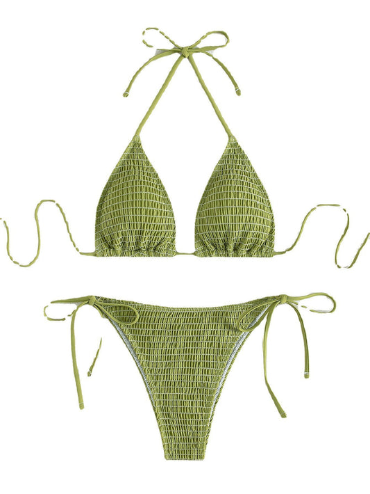 Solid Color Sexy Pleating Triangle Lace Up Side Beach Swimsuit Bikini