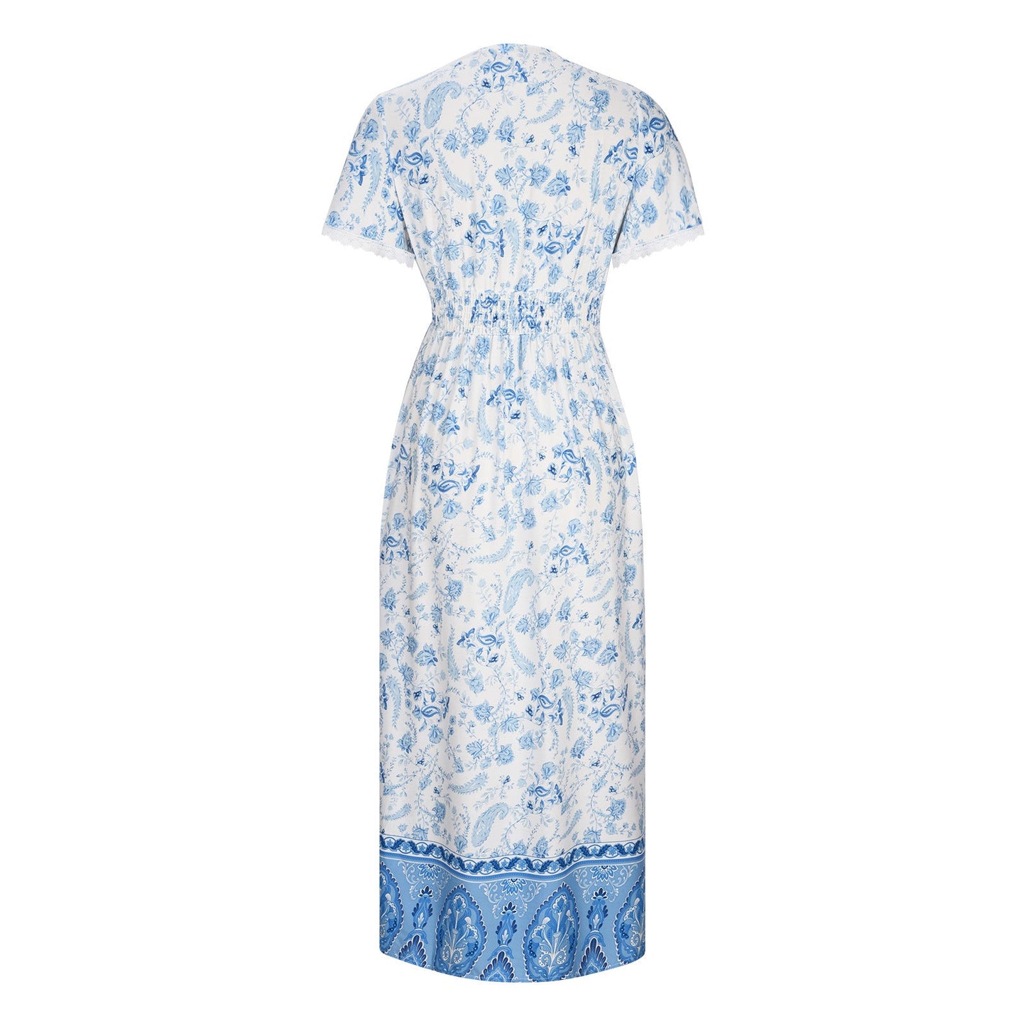 Women's Short Sleeve Lace Trim Tie-Waist Bohemian Dress Vacation Beach Dress Floral