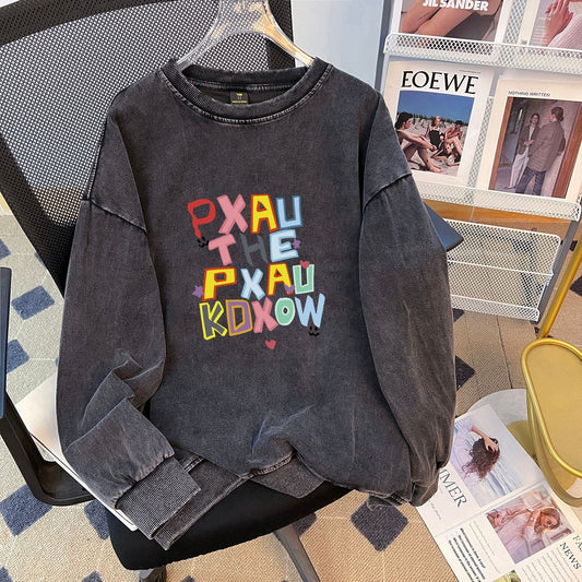 Niche Washed Worn Retro Crew Neck Loose Contrast Color Letters Printing Plus Velvet Thickened Composite Sweater for Women