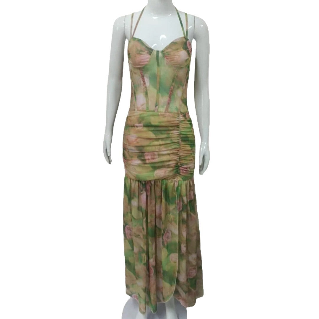 Women's Summer Sexy Spaghetti Strap Printed Vacation Beach High Waist Slimming Slit Dress